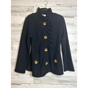 Luii Women's Large black Wool Coat Turtoise Button Pocket peacoat ruffle sleeve